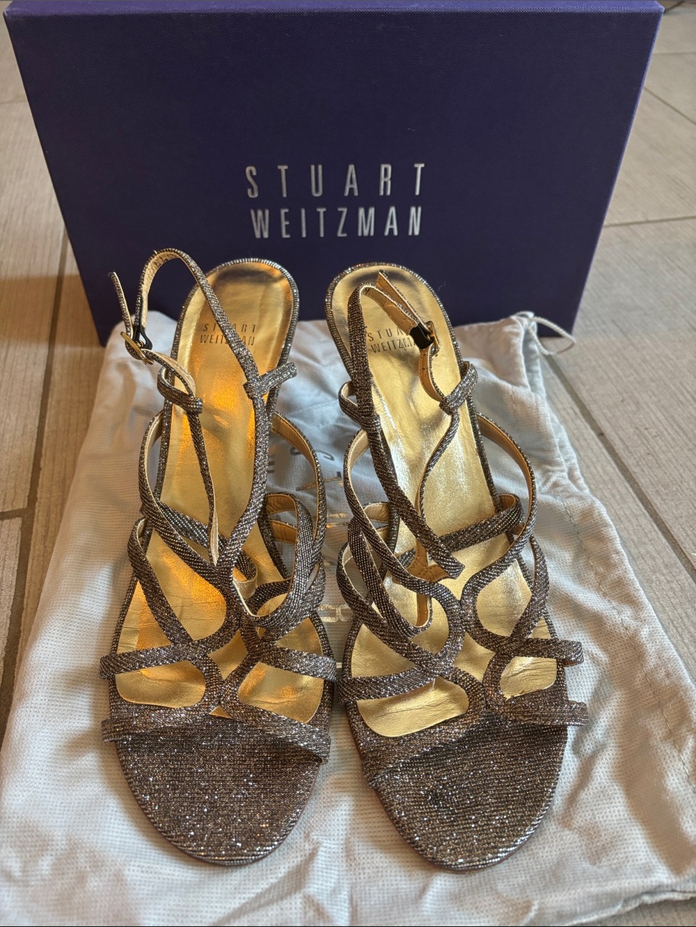 Stuart Weitzman Gold Glitter Strappy Heels